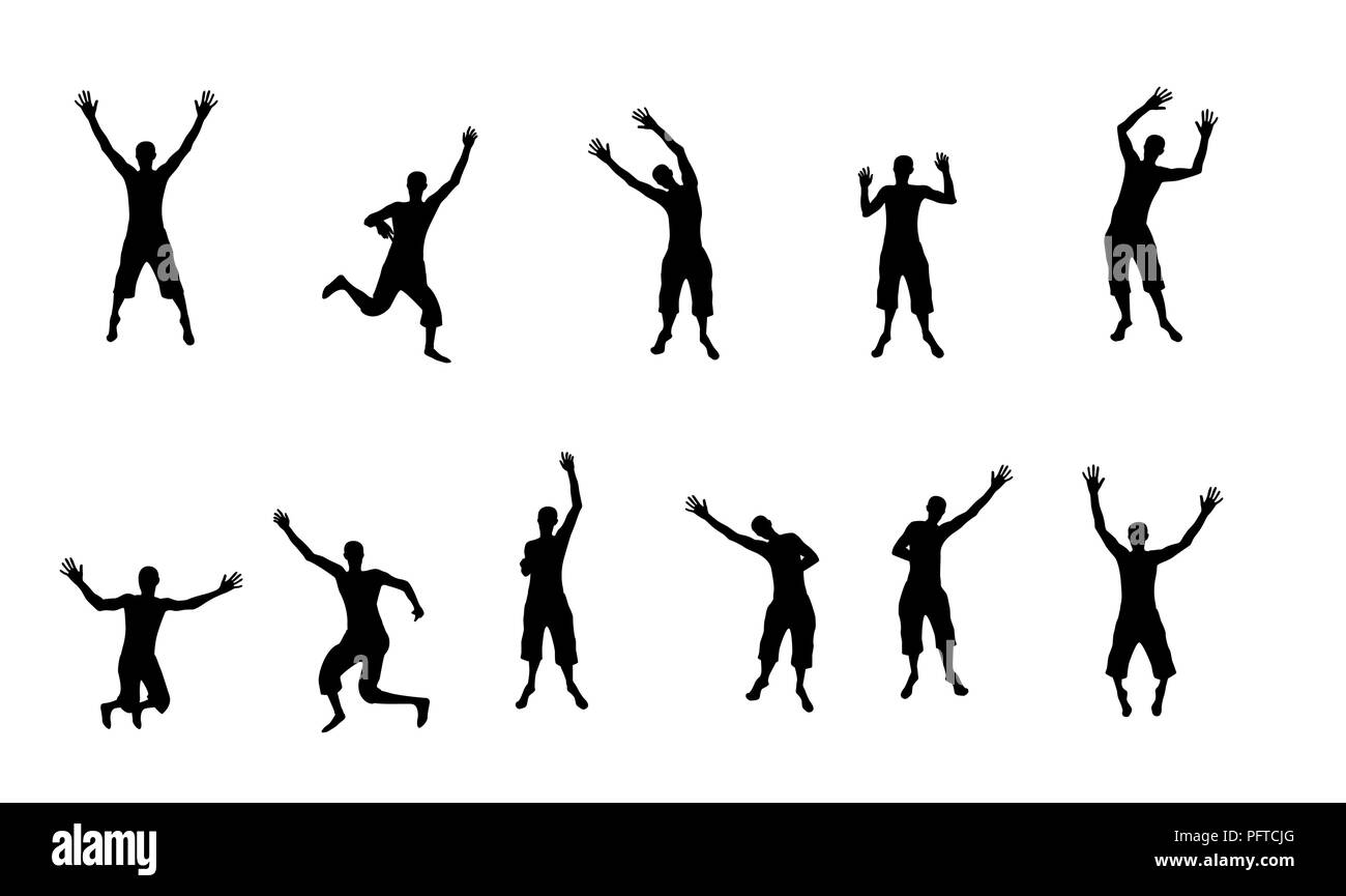 Black and white silhouettes of jumping happy and joyful people. Vector Illustration Stock Vector
