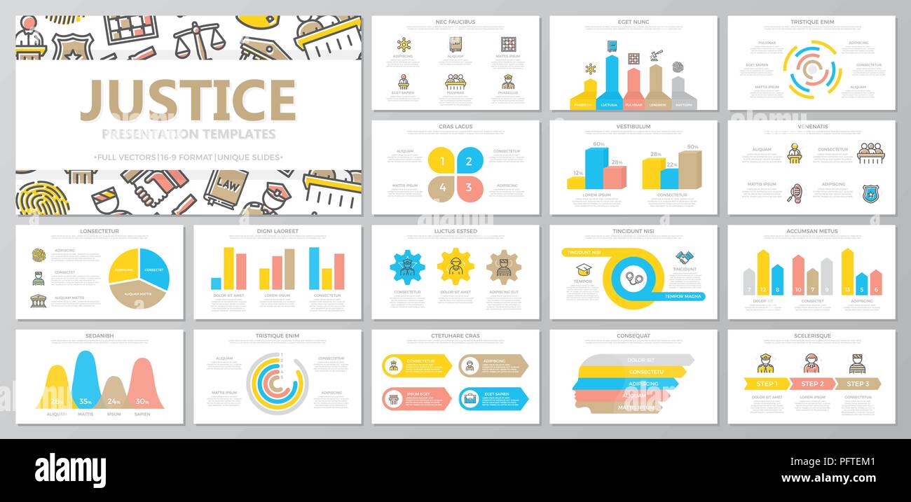 Set of crime, law, police and justice elements for multipurpose presentation template slides with graphs and charts. Leaflet, corporate report, marketing, advertising, book cover design. Stock Vector