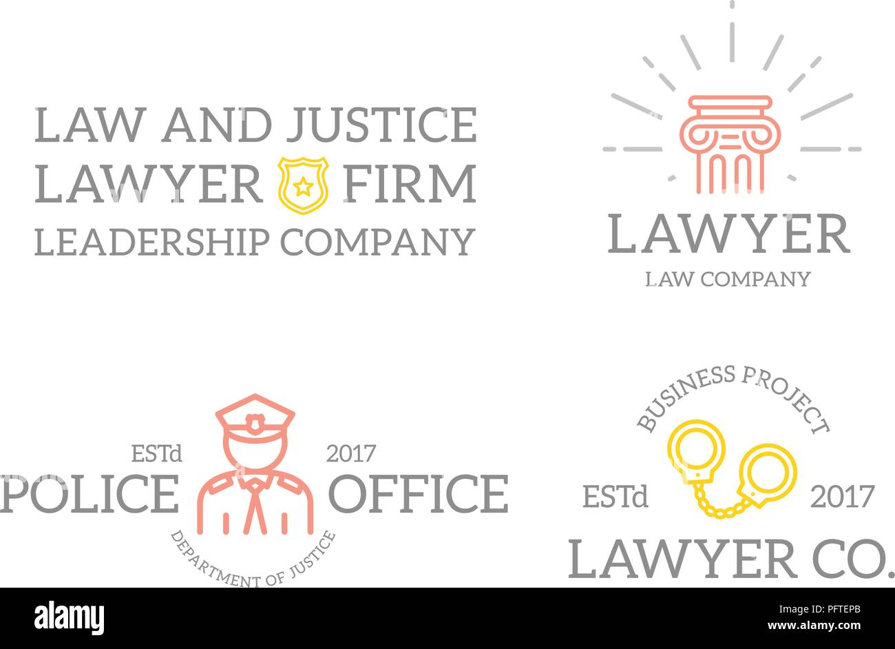 Set of retro vintage officer, sheriff star badge, handcuffs, column logo or insignia, emblems, labels and badges and other branding objects. Vector line style Stock Vector