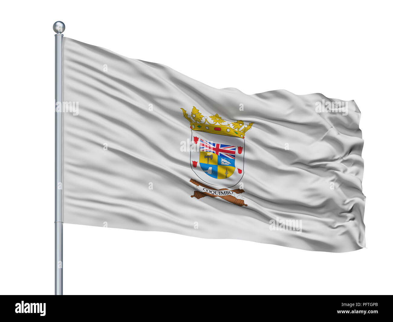 Coquimbo City Flag On Flagpole, Chile, Isolated On White Background Stock Photo