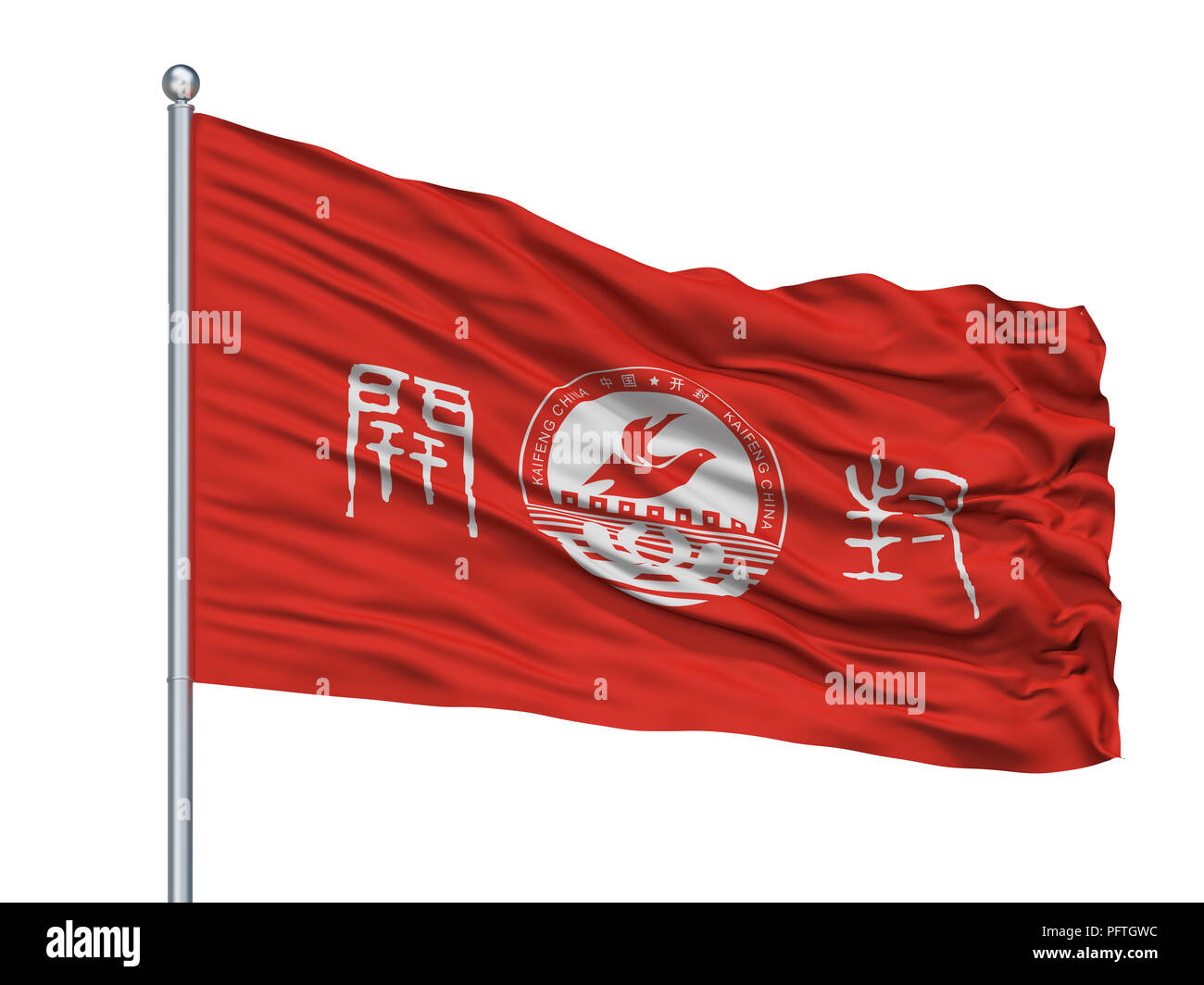 Kaifeng City Flag On Flagpole, China, Isolated On White Background Stock Photo