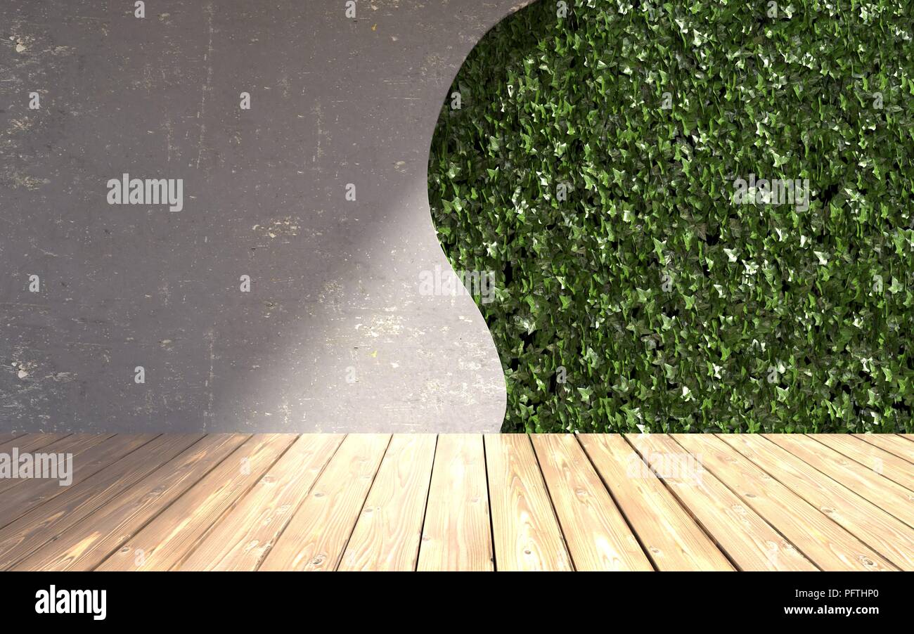 Concrete wall with green leafs in modern interior. 3D illustration. Stock Photo