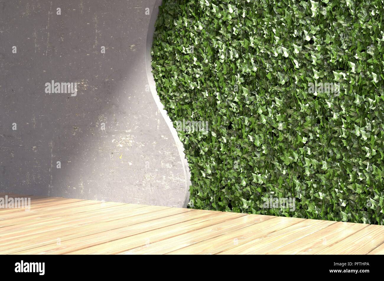 Concrete wall with green leafs in modern interior. 3D illustration. Stock Photo
