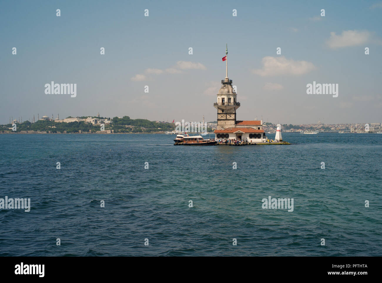 Maiden's Tower, also known as Kiz Kulesi, Leander's Tower or Tower of Leandros at the Entrance of the Bosphorus Strait in Istanbul, Turkey Stock Photo