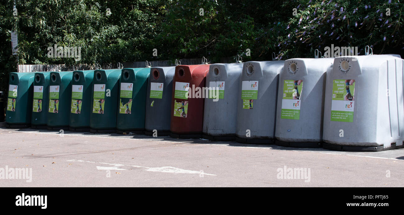 Reading, United Kingdom August 06 2018 A row of Bottle banks for