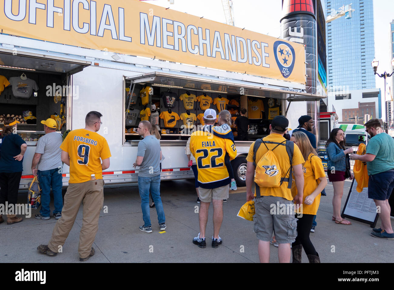 Nashville Predators fans outside arena in Nashville buying fan stuff before the winning game against Colorado Avalanche on April 12th, 2018 Stock Photo