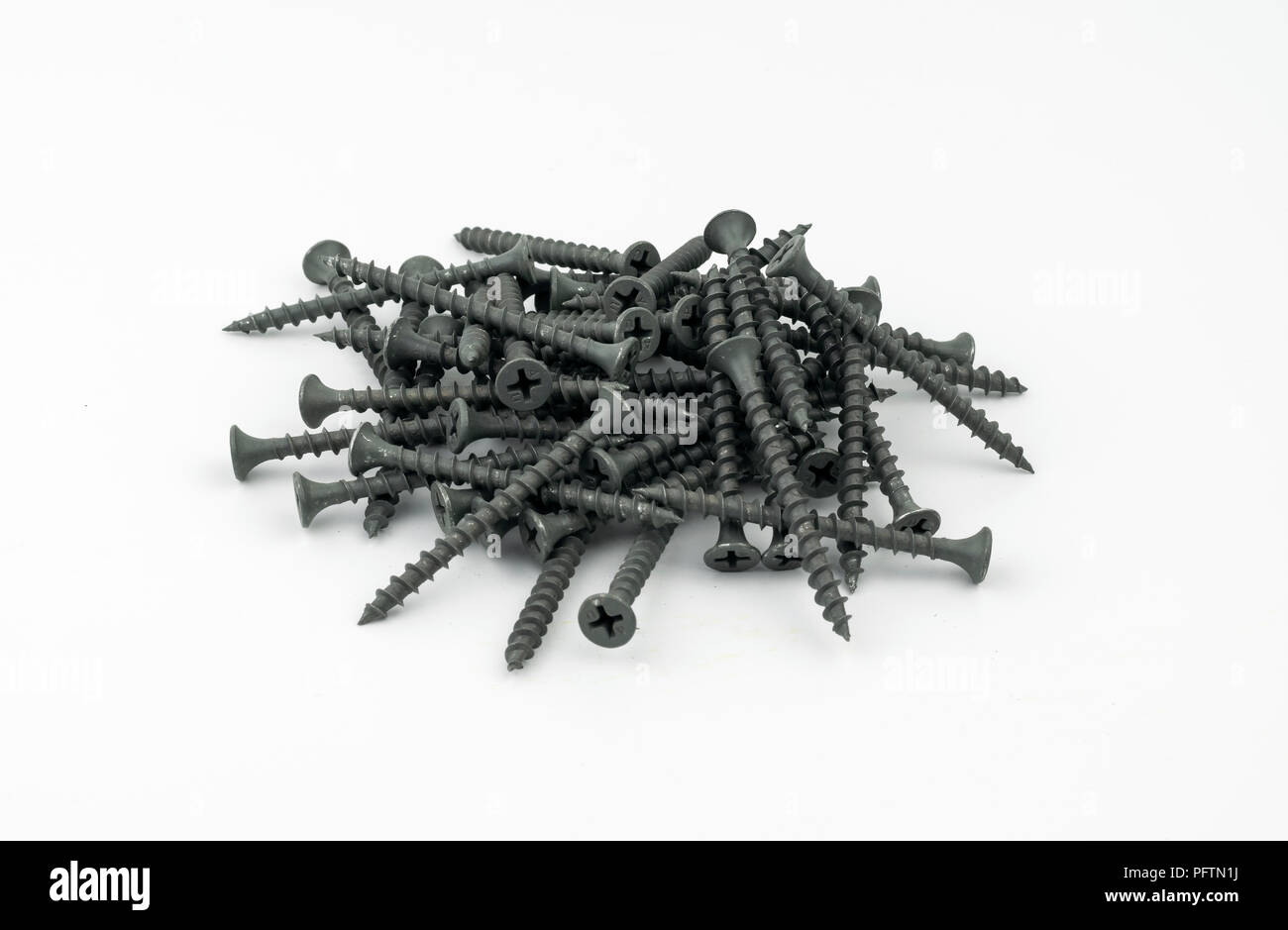 A pile of gray, exterior, self starting wood screws with Phillips Head