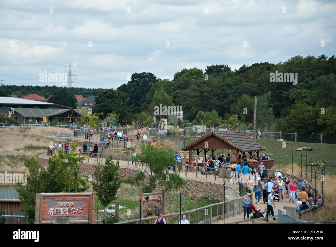 A plan view of people walking along the guided path at the Yorkshire Wildlife Park, Doncaster, South Yorkshire UK. Stock Photo