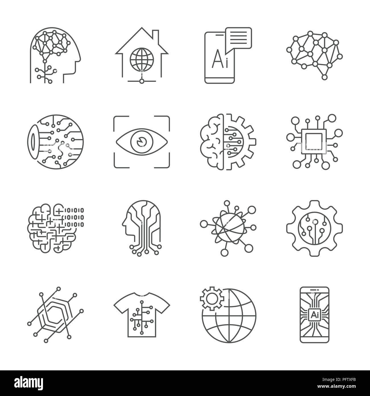 Industry 4.0, Artificial Intelligence and Internet of Things icons set. Digitalization concept enterprise IoT, smart factory, industry 4.0, AI - vector illustration Stock Vector