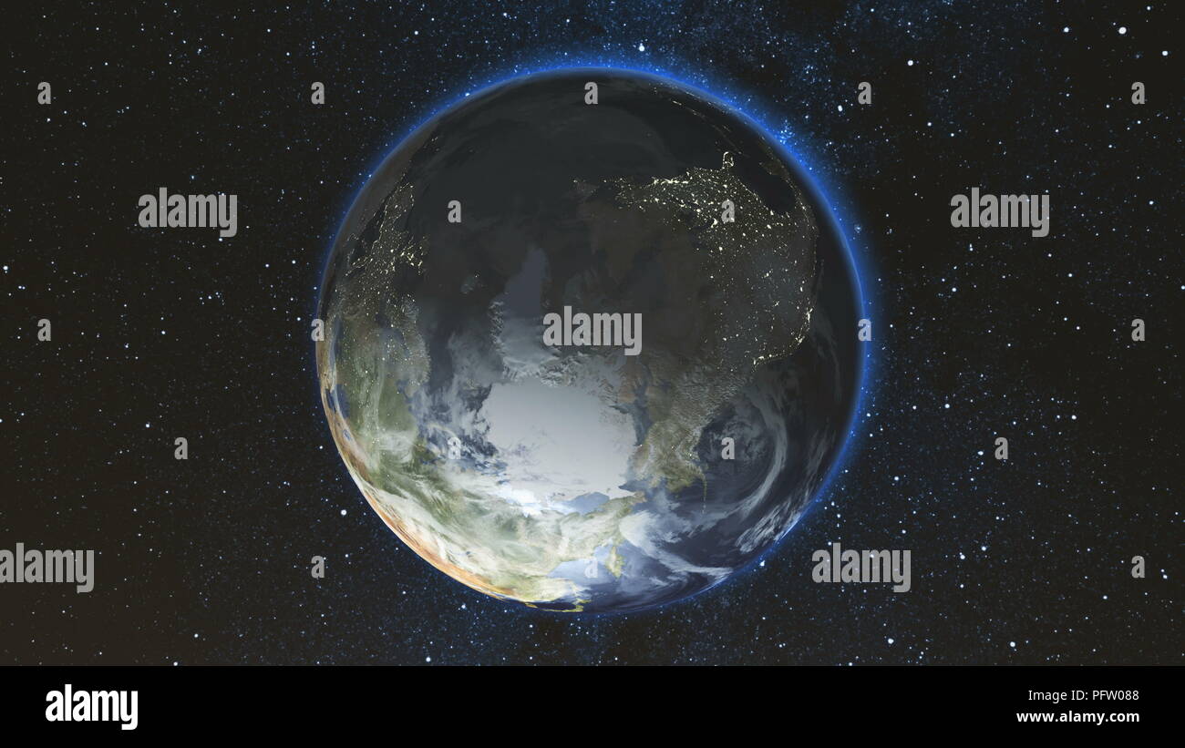 Realistic Earth Planet, rotating on its axis in space against the ...