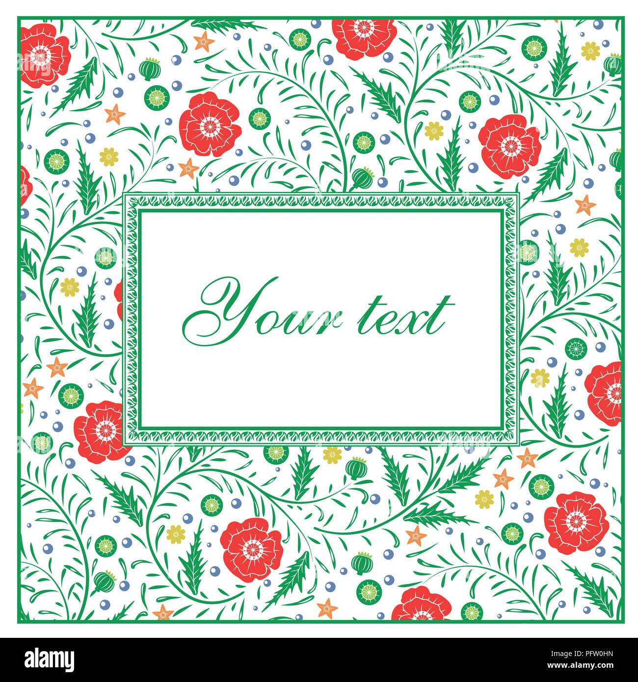 Vector floral card design: garden flower red poppies with green leaves. Vector rustic decorative invite postcard elegant illustration Stock Vector