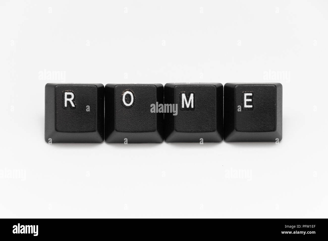 black keys of keyboard with different years words or names Stock Photo