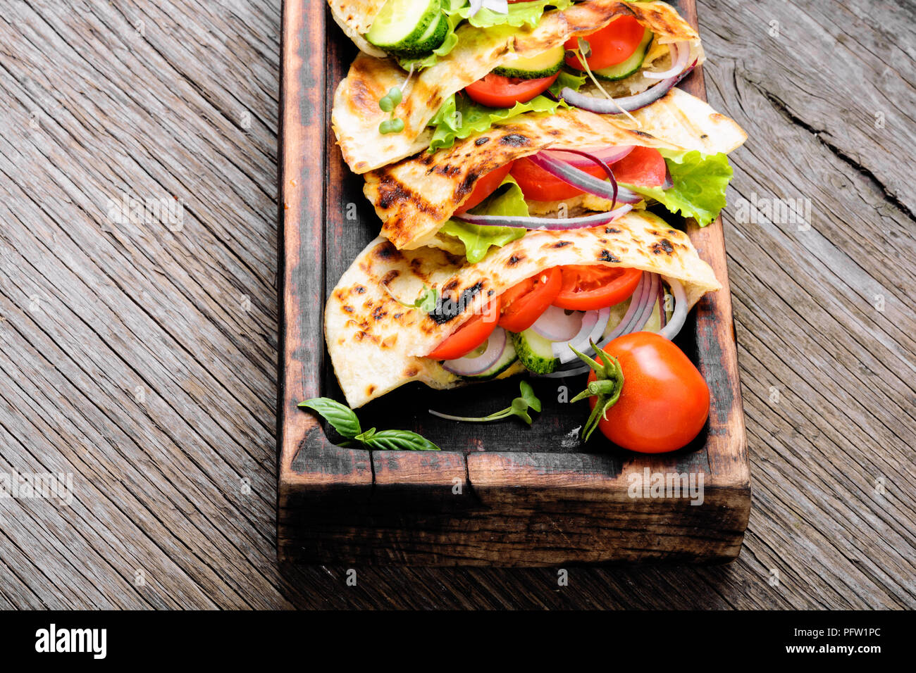 Vegetarian Pita Sandwich with fresh vegetables.Dietary food. Vegan