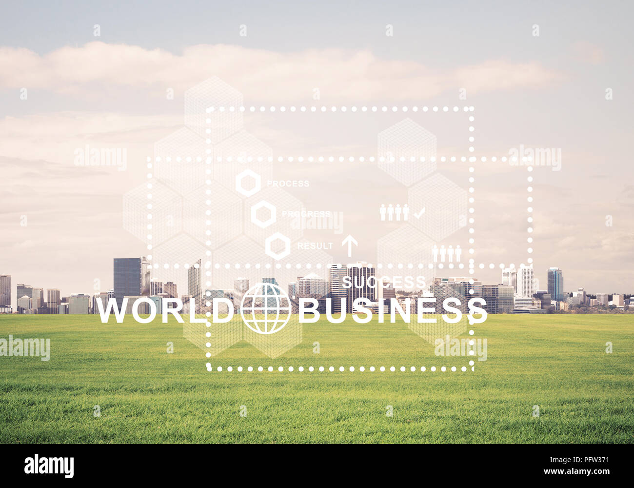 Natural background with modern cityscape green field and media i Stock