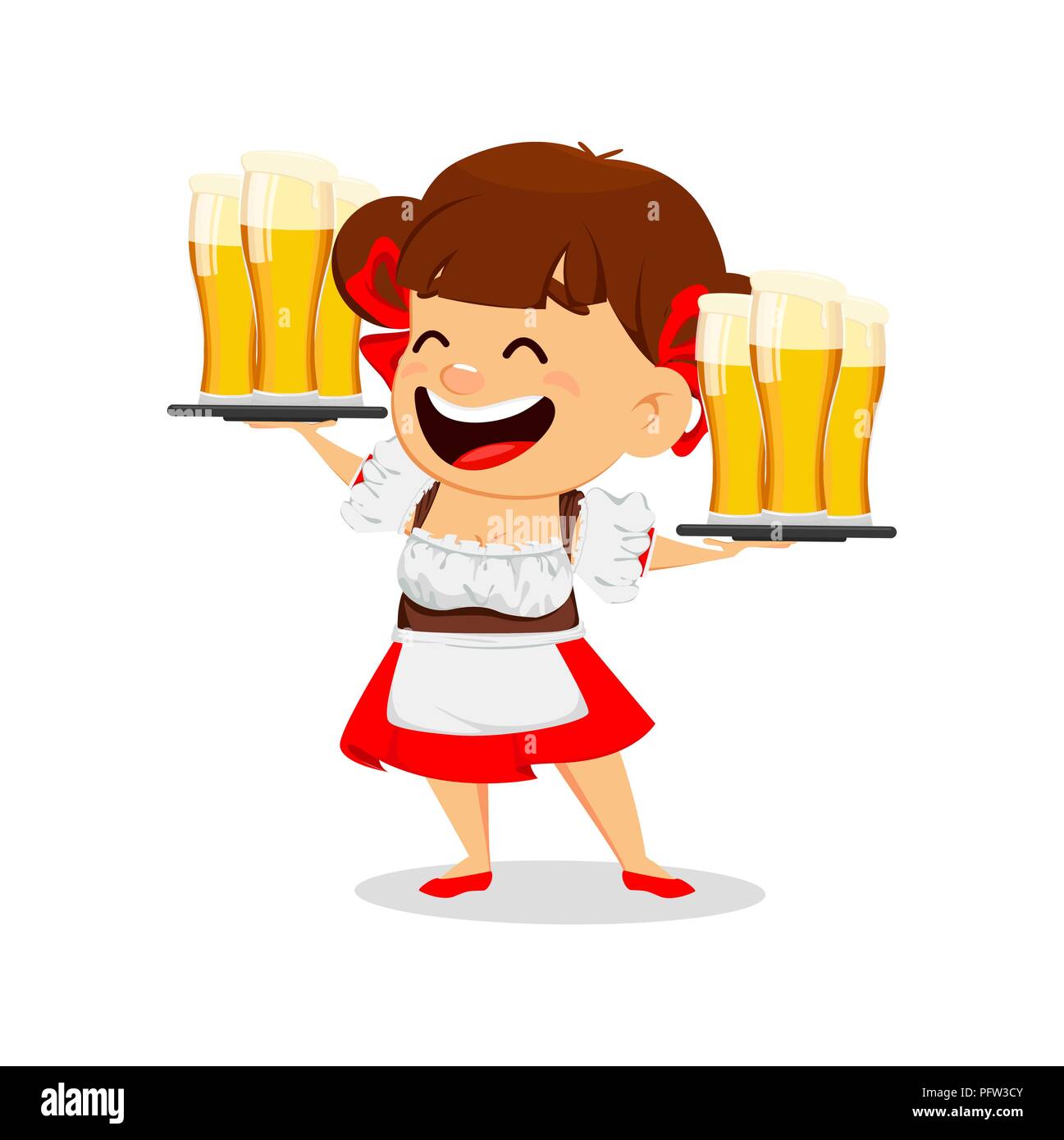 Oktoberfest, beer festival. Funny woman, cheerful cartoon character holding two trays with beer. Vector illustration on white background. Stock Vector