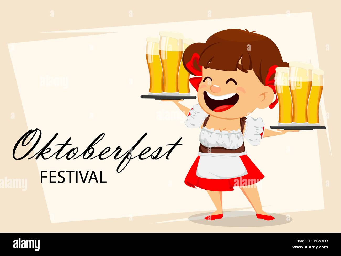 Greeting card for Oktoberfest, beer festival. Funny woman, cheerful cartoon character holding two trays with beer. Vector illustration Stock Vector