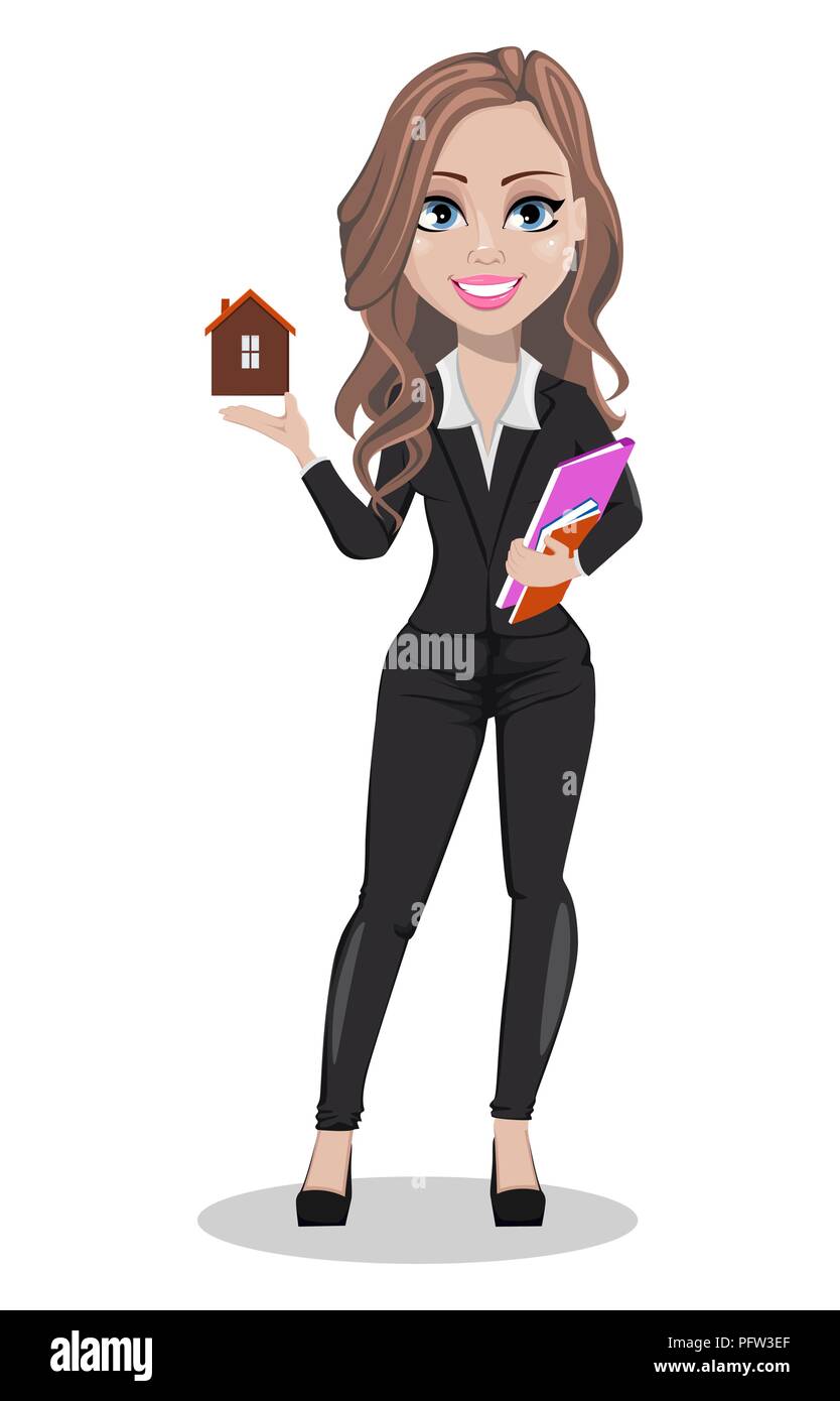 A real estate agent cartoon character. Beautiful realtor woman holding