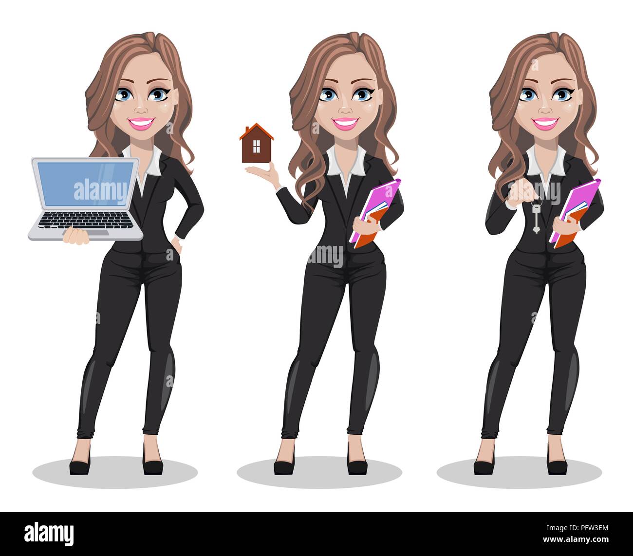 A real estate agent cartoon character, set of three poses. Beautiful  realtor woman holding laptop, holding model of house and holding documents  with k Stock Vector Image & Art - Alamy