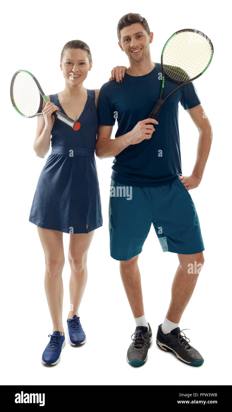 https://c8.alamy.com/comp/PFW3WB/team-players-posing-on-white-athletic-woman-and-man-dressed-in-uniform-and-holding-rackets-tennis-hobby-and-physical-activity-PFW3WB.jpg