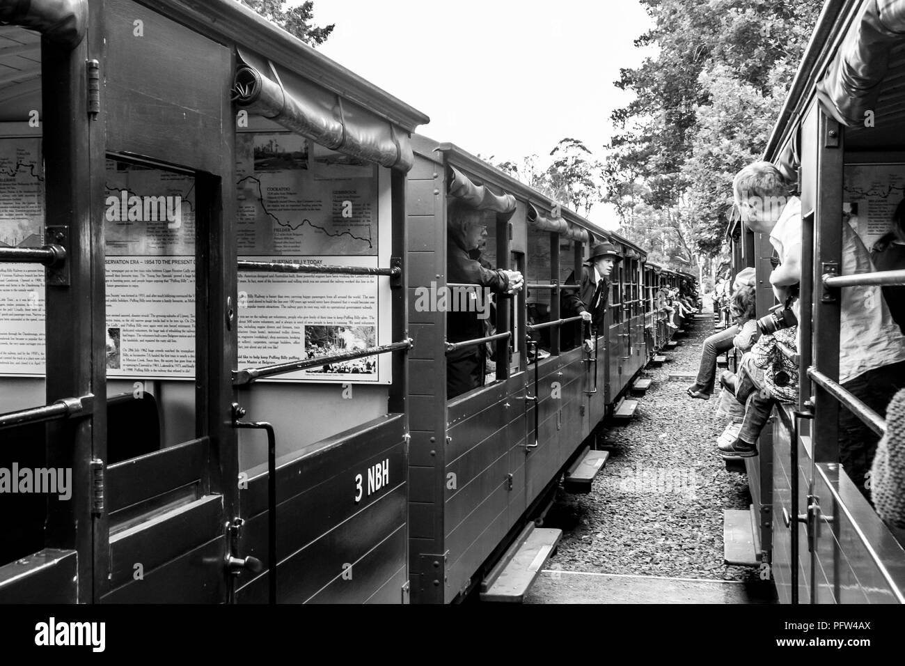 Melbourne, Australia. Puffing Billy steam train with passengers. Historical narrow railway in the Dandenong Ranges near Melbourne. Stock Photo