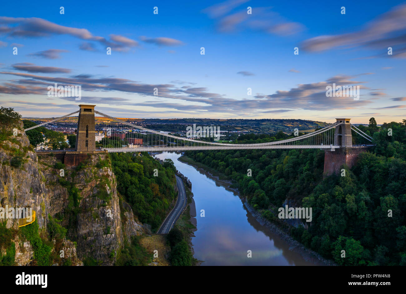 View of clouds moving over the Clifton Suspension Bridge at dusk Stock Photo