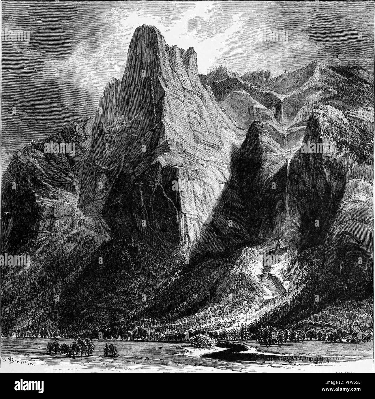 Black and a white vintage print of Sentinel Rock and Falls, a towering granite peak in Yosemite National Park, located in the western Sierra Nevada mountain range in California, United States, published in William Cullen Bryant's edited volume 'Picturesque America; or, The Land We Live In', 1872. Courtesy Internet Archive. () Stock Photo