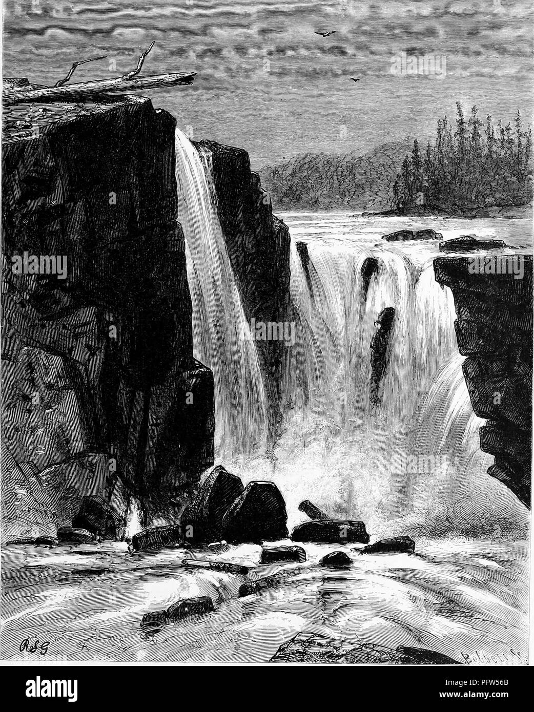 Black and white vintage print depicting the southern side of the Willamette Falls, a horseshoe-shaped, natural waterfall located on the Willamette River, between West Linn and Oregon City in Oregon, published in William Cullen Bryant's edited volume 'Picturesque America; or, The Land We Live In', 1872. Courtesy Internet Archive. () Stock Photo