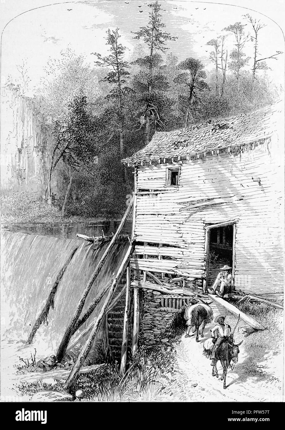 Black and a white vintage print depicting a short waterfall, people, and donkeys near the entrance to an Old Mill situated on Reems Creek, a tributary of the French Broad River located in the Black Mountains of North Carolina, published in William Cullen Bryant's edited volume 'Picturesque America; or, The Land We Live In', 1872. Courtesy Internet Archive. () Stock Photo