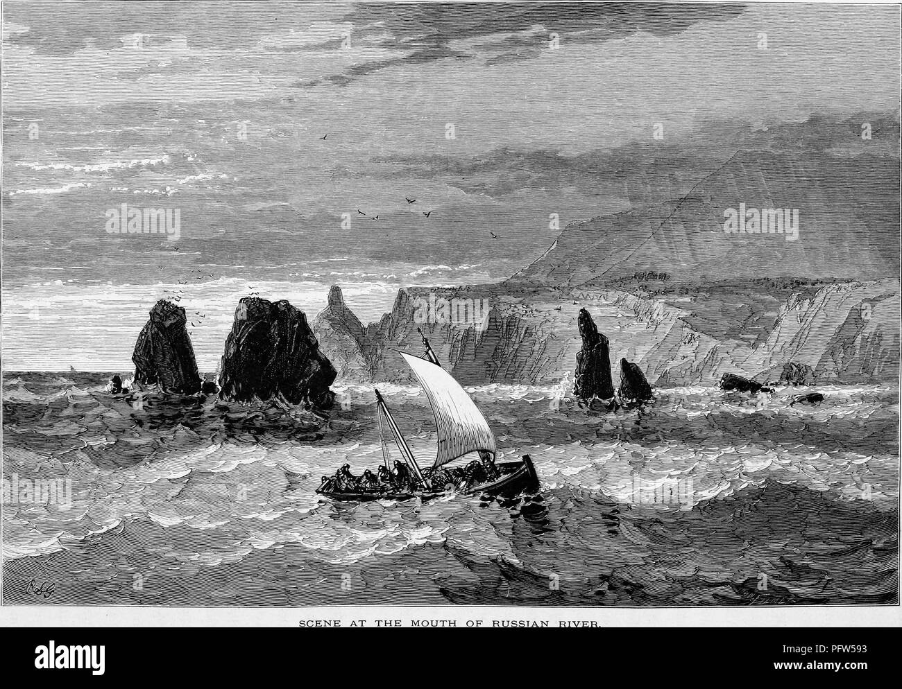 Black and a white vintage print depicting a small sailing vessel full of fishermen, in rough seas, with cliffs in the background, captioned 'Scene at the Mouth of Russian River, ' an outlet located approximately 60 miles north of the Golden Gate bridge in San Francisco, California, published in William Cullen Bryant's edited volume 'Picturesque America; or, The Land We Live In', 1872. Courtesy Internet Archive. () Stock Photo
