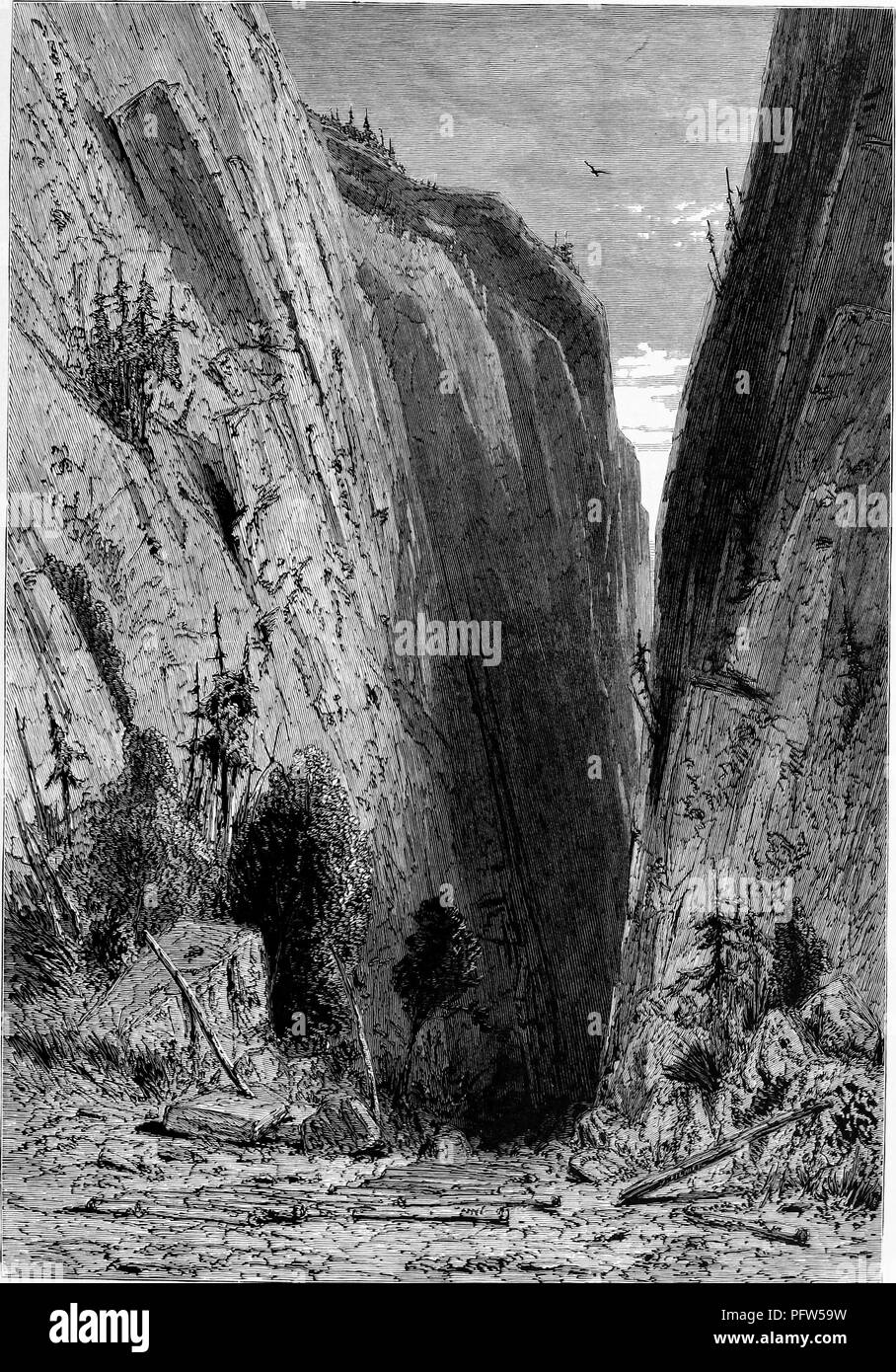 Black and a white vintage print depicting Umpqua Canyon, a deep chasm between high cliffs, located in Oregon, and published in William Cullen Bryant's edited volume 'Picturesque America; or, The Land We Live In', 1872. Courtesy Internet Archive. () Stock Photo