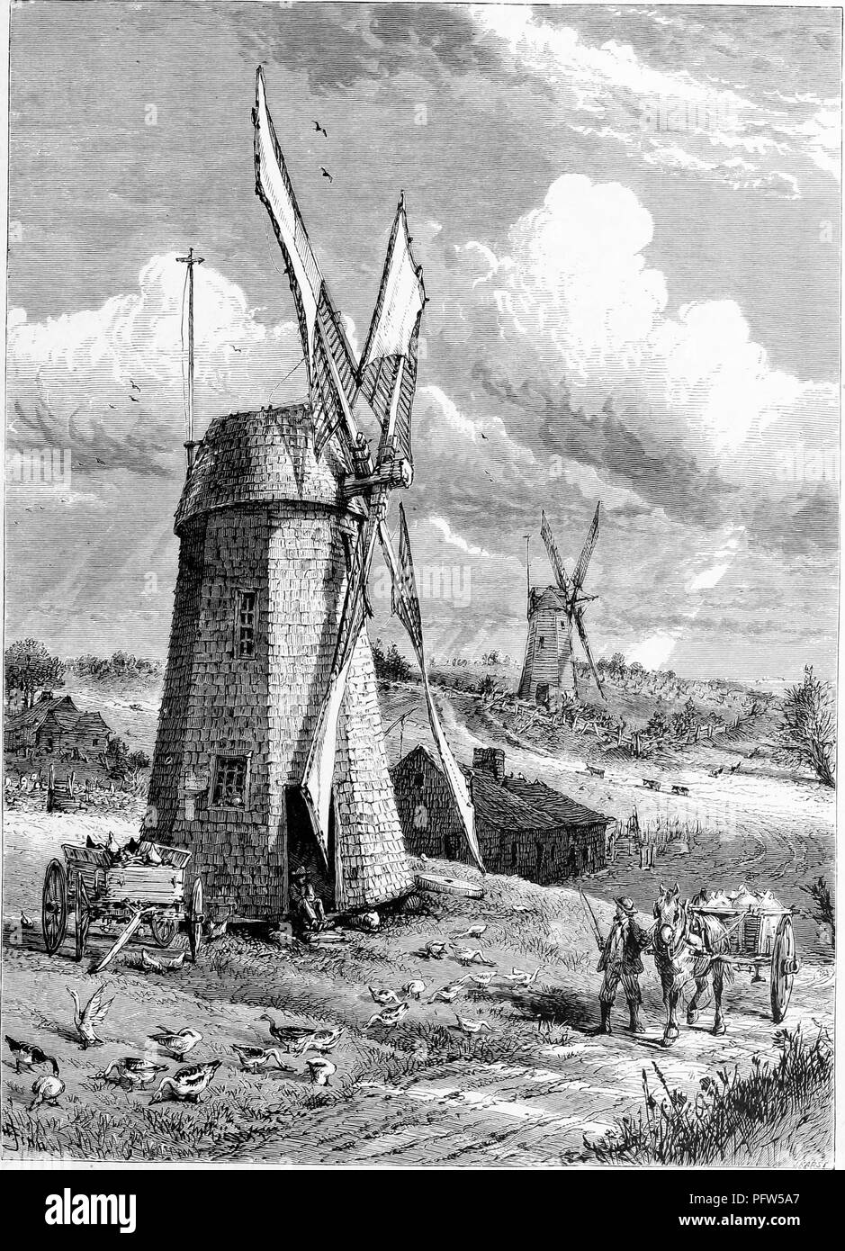 Black and a white vintage print depicting a man walking a donkey cart past a grist windmill, with houses and a second windmill in the background, located in East Hampton, on Long Island in New York, published in William Cullen Bryant's edited volume 'Picturesque America; or, The Land We Live In', 1872. Courtesy Internet Archive. () Stock Photo