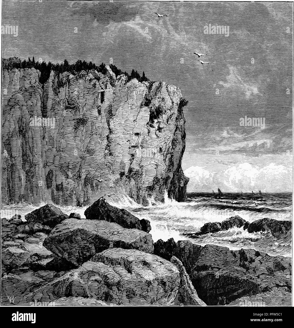 Black and white vintage print depicting Palisade Head, a steep cliff near Beaver Bay, with rocks in foreground and boats sailing on Lake Superior in the background, located in Minnesota, published in William Cullen Bryant's edited volume 'Picturesque America; or, The Land We Live In', 1872. Courtesy Internet Archive. () Stock Photo
