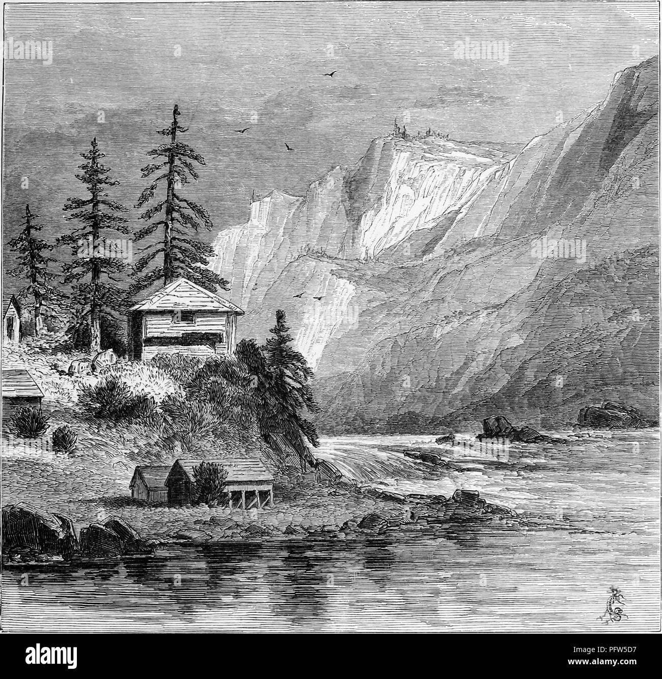 Black and white vintage print depicting Fort Raines, a wooden, Middle Block-house, built by the US Army to protect the portage railroad near the Cascade Rapids section of the Columbia River, with the Cascade mountains looming in the background, located in Washington, and published in William Cullen Bryant's edited volume 'Picturesque America; or, The Land We Live In', 1872. Courtesy Internet Archive. () Stock Photo