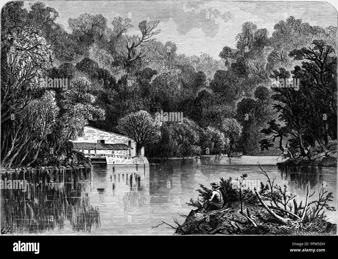 Black and white vintage print illustrating a view of the Eleutherian Mills, a gunpowder mill used for the manufacture of explosives by the Du Pont family, located on a section of the Brandywine River, in Delaware, engraved by Granville Perkins, and published in William Cullen Bryant's edited volume 'Picturesque America; or, The Land We Live In', 1872. Courtesy Internet Archive. () Stock Photo