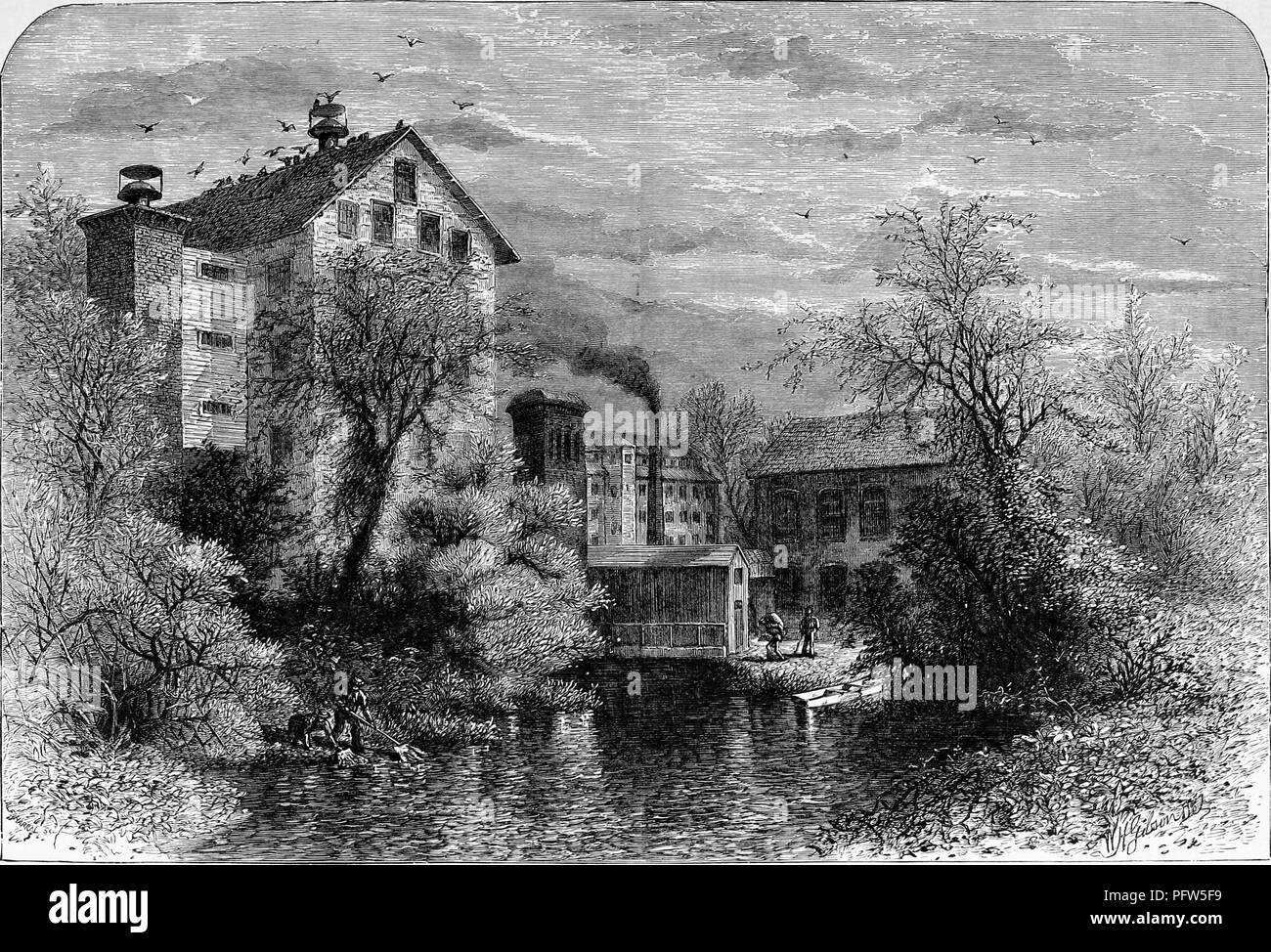 Black and white vintage print depicting several large mills on Blackstone River, located near the town of Providence in Rhode Island, and published in William Cullen Bryant's edited volume 'Picturesque America; or, The Land We Live In', 1872. Courtesy Internet Archive. () Stock Photo