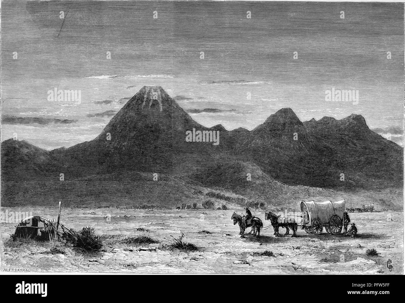 Black and a white vintage print depicting a covered wagon stopped near a small lean-to, with Lassen's Peak, a volcanic plug dome volcano, in the background, located near Butte Lake, in Lassen Volcanic National Park in northern California, published in William Cullen Bryant's edited volume 'Picturesque America; or, The Land We Live In', 1872. Courtesy Internet Archive. () Stock Photo