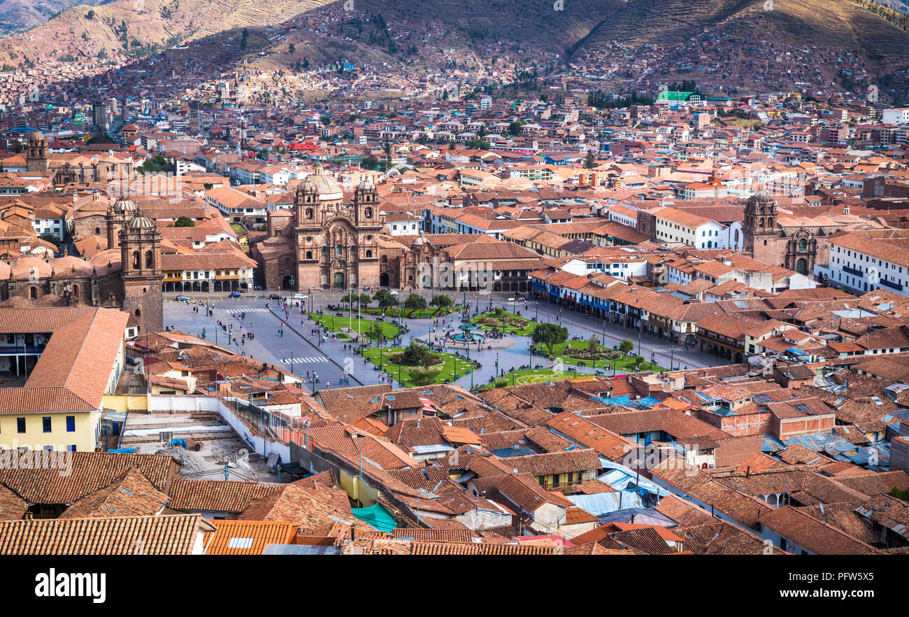 Panoramic view of Cusco historic center, Peru Stock Photo
