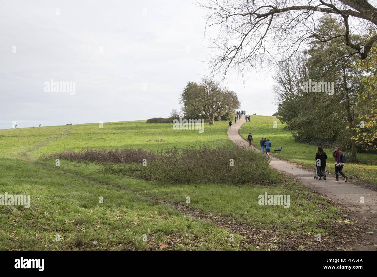 Landscape view, showing pedestrians walking up a paved path, surmounting a grassy hill, with trees at right and in the background, located on Hampstead Heath, a 790-acre public access park in central London, England, October 28, 2017. () Stock Photo
