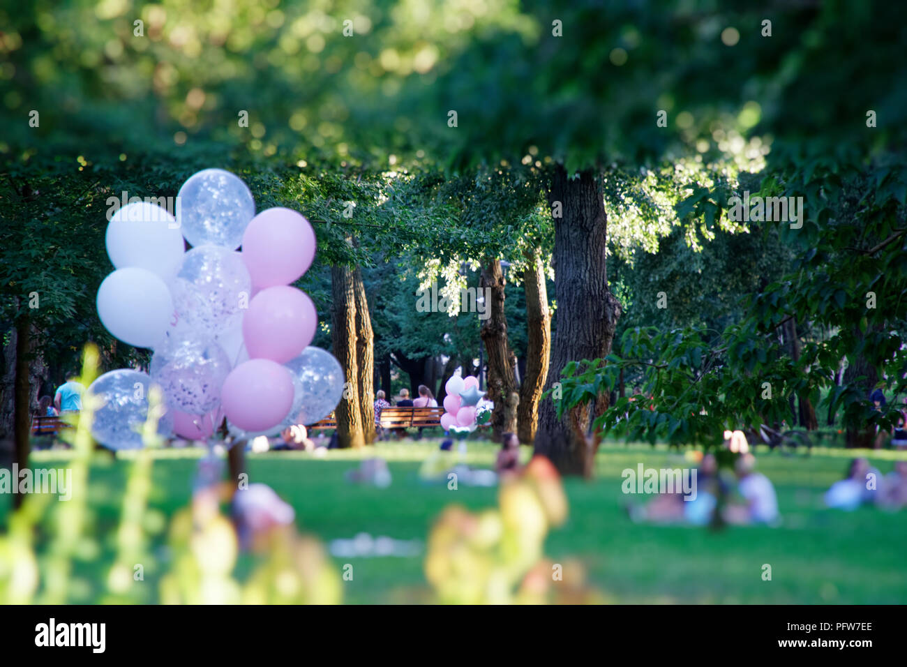 Kyiv - Ukraine, 11.08.2018: Pink balloon in the autumn field. Funny mood, prepare for celebrating, holiday event or party Stock Photo