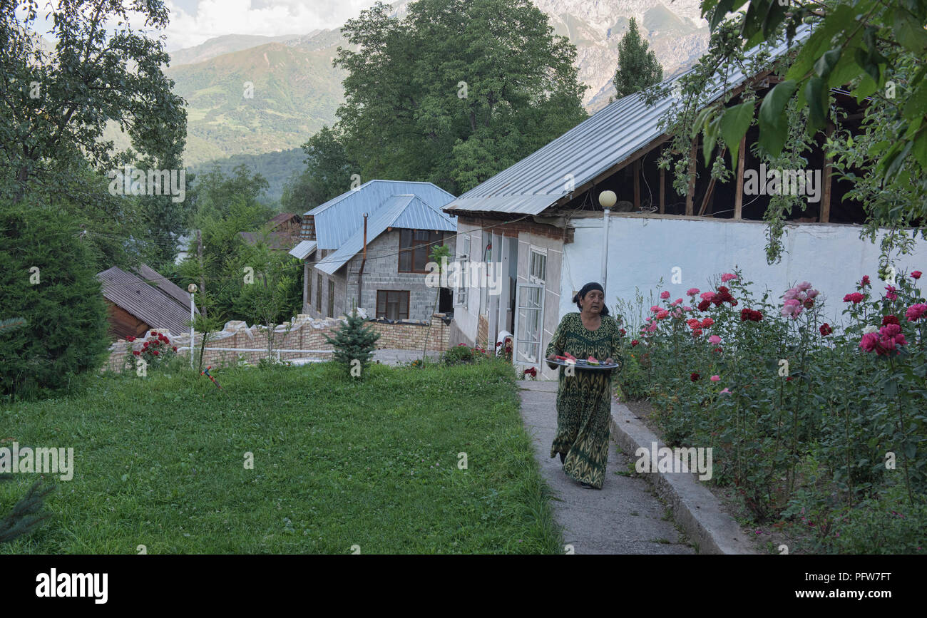 Local hospitality in the walnut village of Arslanbob, Kyrgyzstan Stock Photo