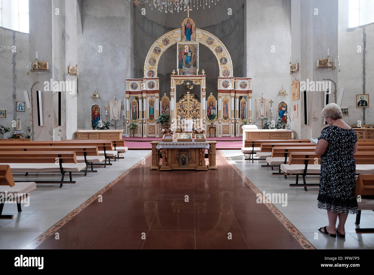 Interior of Cathedral of the Supreme Peter and Paul, established on a former Jewish compound in the city of Chortkiv which was once home to a large Jewish community and was annihilated, brutally, by the Germans during the Second World War in Ternopil Oblast (province) in western Ukraine. Stock Photo