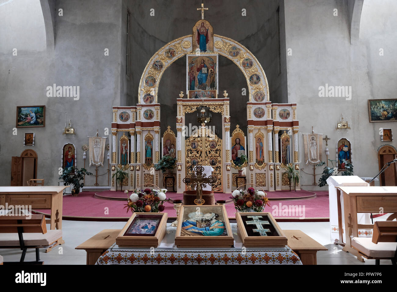 Interior of Cathedral of the Supreme Peter and Paul, established on a former Jewish compound in the city of Chortkiv which was once home to a large Jewish community and was annihilated, brutally, by the Germans during the Second World War in Ternopil Oblast (province) in western Ukraine. Stock Photo