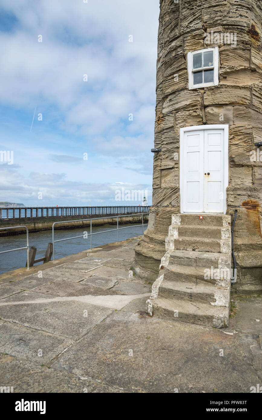 Close up of the lighthouse on East Pier, Whitby, North Yorkshire, England. Stock Photo
