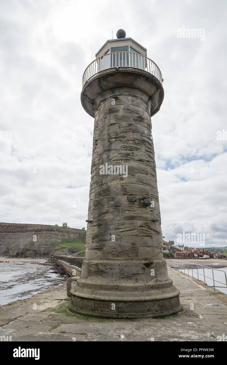 Close up of the lighthouse on East Pier, Whitby, North Yorkshire, England. Stock Photo