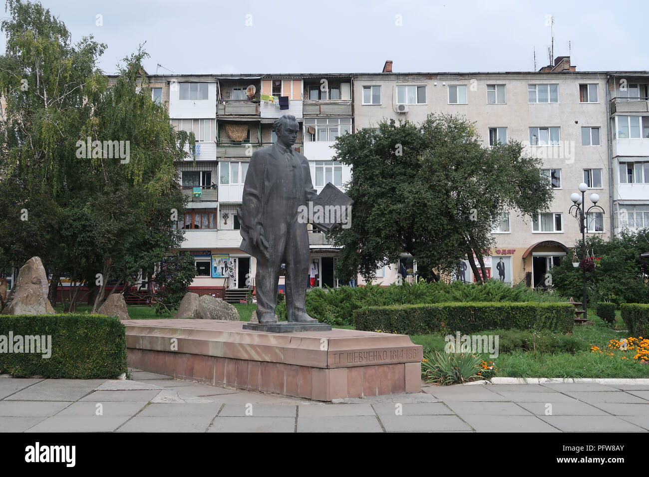 The monument to Taras Shevchenko who was a notable Ukrainian poet and writer in the city of Chortkiv which was once home to a large Jewish community and was annihilated, brutally, by the Germans during the Second World War in Ternopil Oblast (province) in western Ukraine. Stock Photo