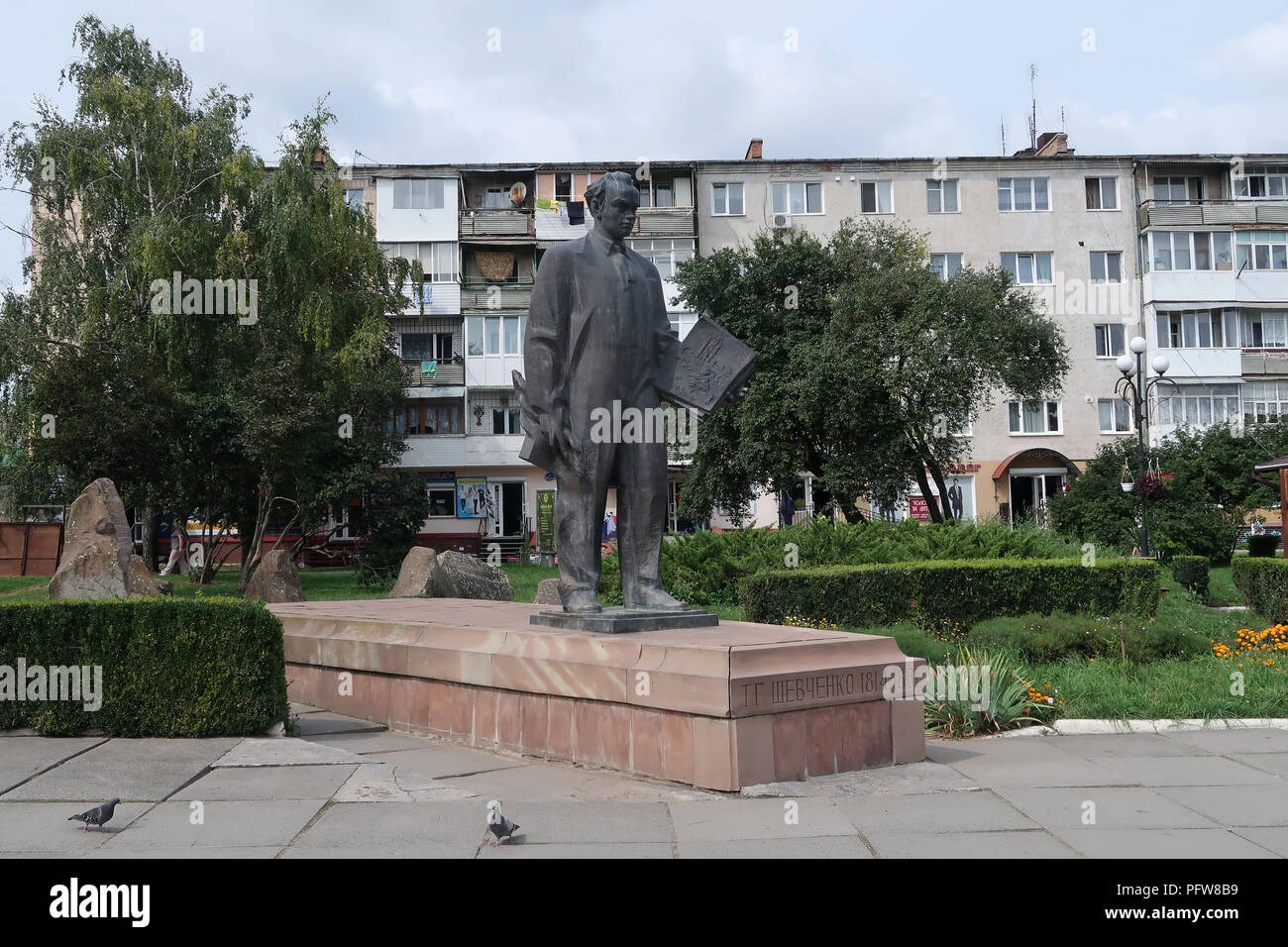 Monument to Taras Hryhorovych Shevchenko also known as Kobzar Taras, who was a Ukrainian poet, and political figure, which his literary heritage is regarded to be the foundation of modern Ukrainian literature and, to a large extent, the modern Ukrainian language, place in the center of  the city of Chortkiv which was once home to a large Jewish community and was annihilated, brutally, by the Germans during the Second World War in Ternopil Oblast (province) in western Ukraine. Stock Photo