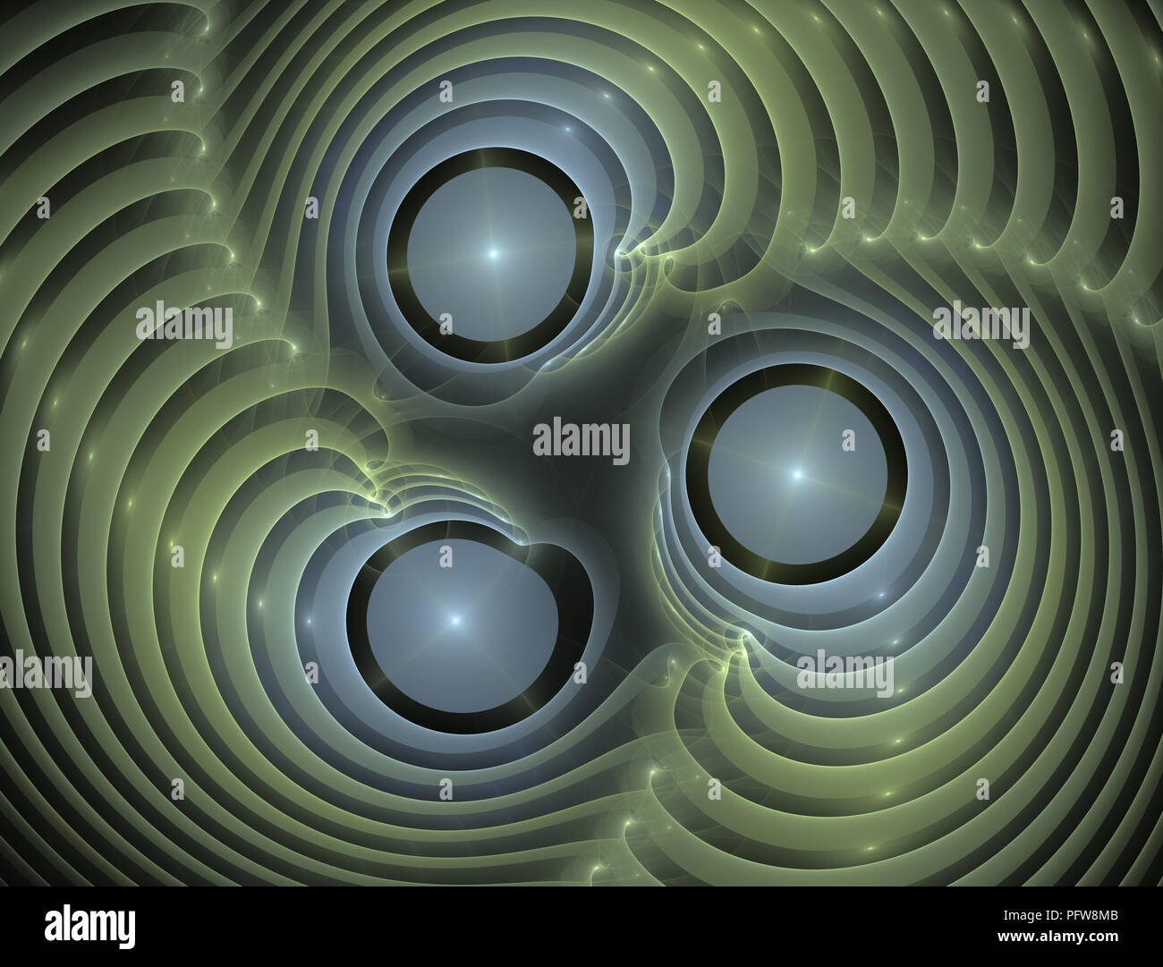 Elementary Particles series. Interplay of abstract fractal forms on the subject of nuclear physics. The collision of elementary particles. Interaction Stock Photo