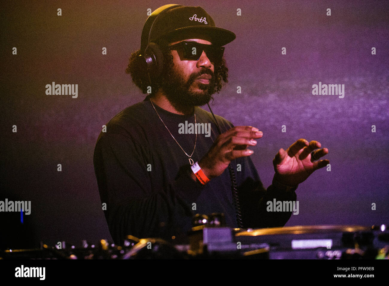 Denmark, Copenhagen - August 9, 2018. The American vocalist, musician and  producer Dam-Funk performs a live