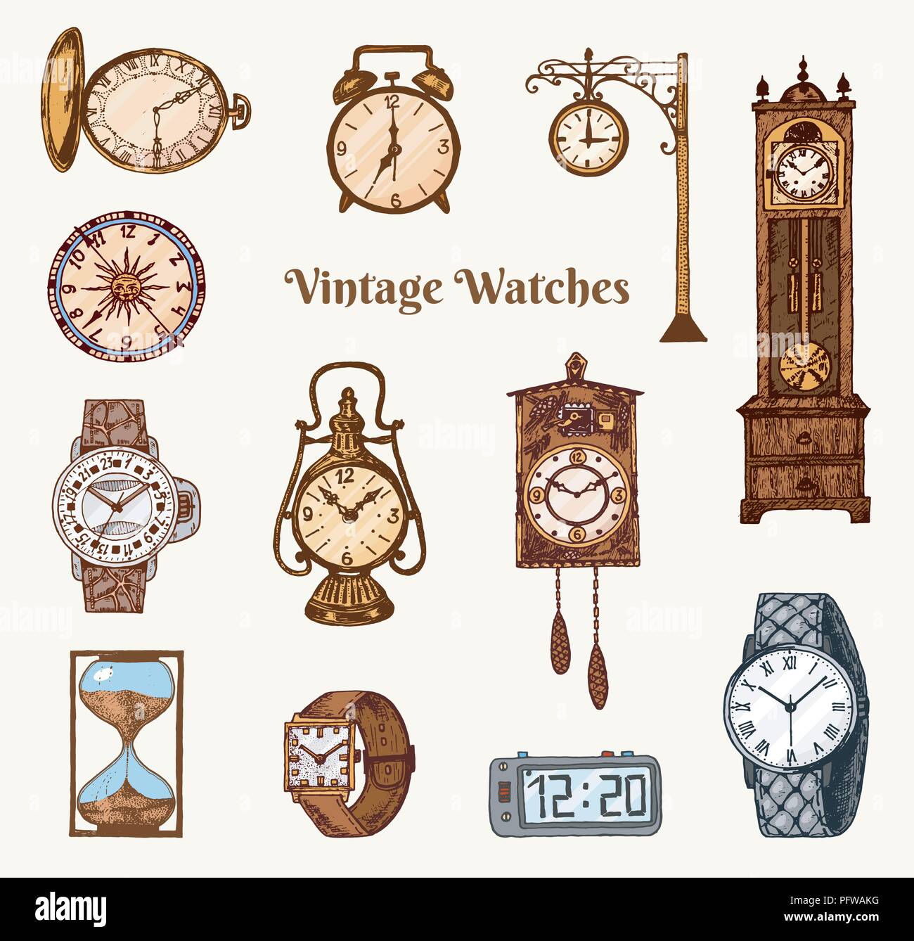 Vintage classic pocket watch, alarm clock, hourglass and dial showing