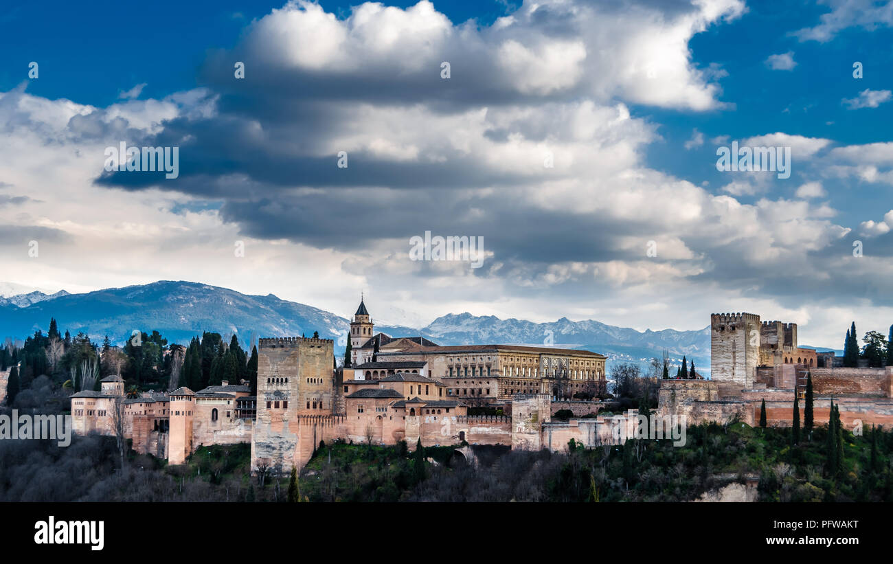 Cityscape of Granada, southern Spain, with the Alhambra Palace in the